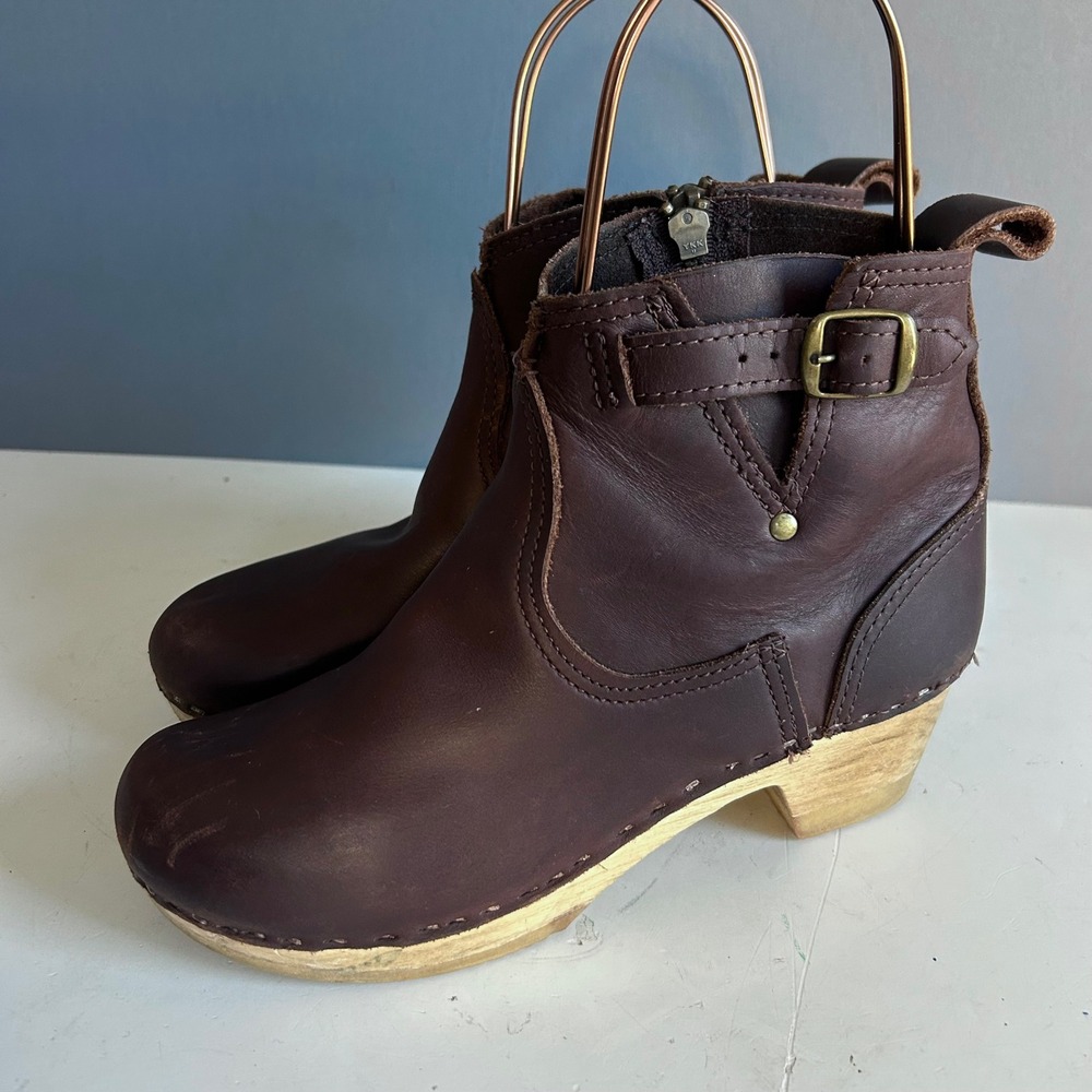 No 6 clog ankle boots size 8 / 38 brown Moto Leather Wood Heel Buckle Swedish - Picture 4 of 14